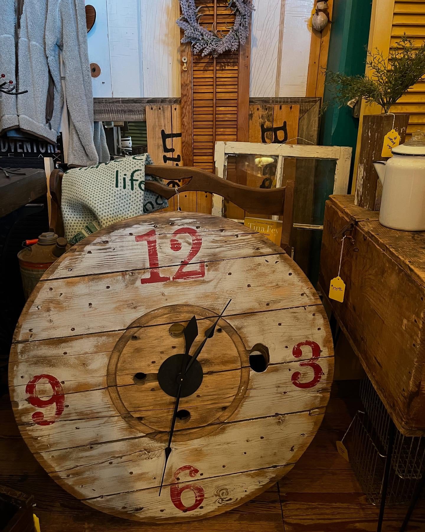 industrial-style cable spool table with metal accents