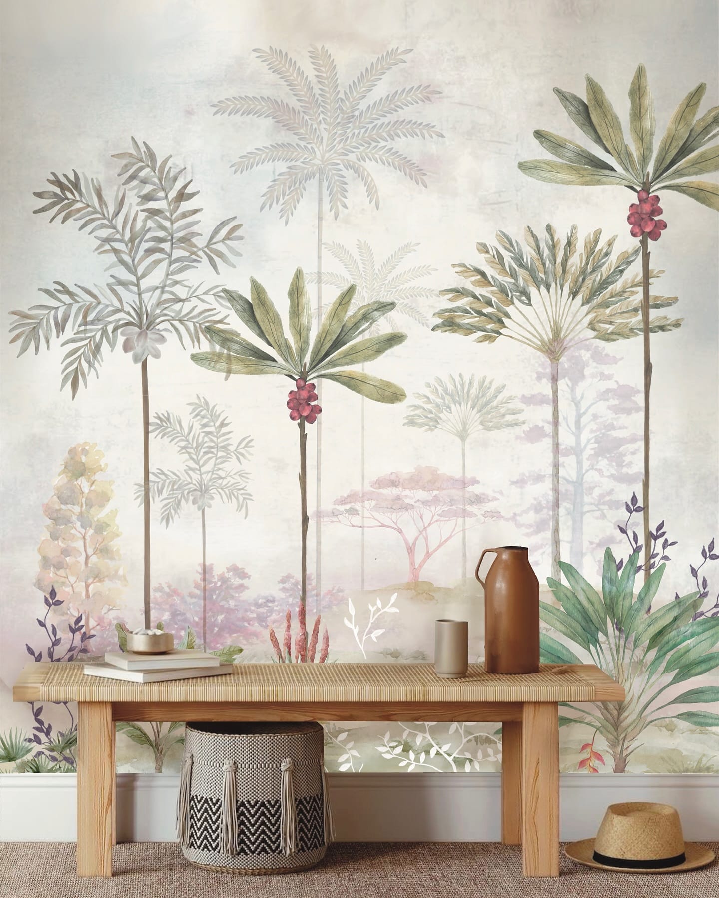 room with tropical leaf wallpaper
