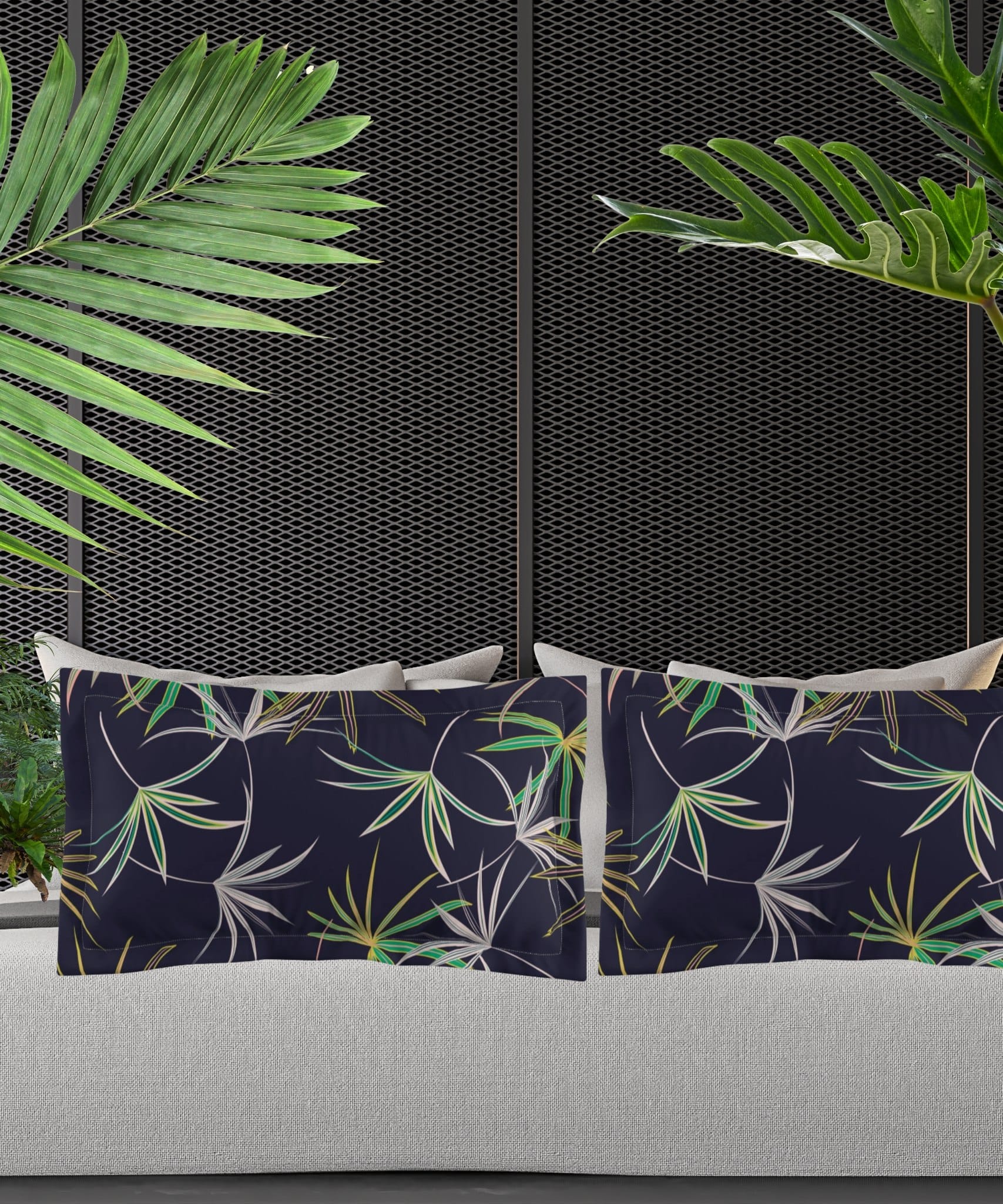 bed with tropical leaf duvet