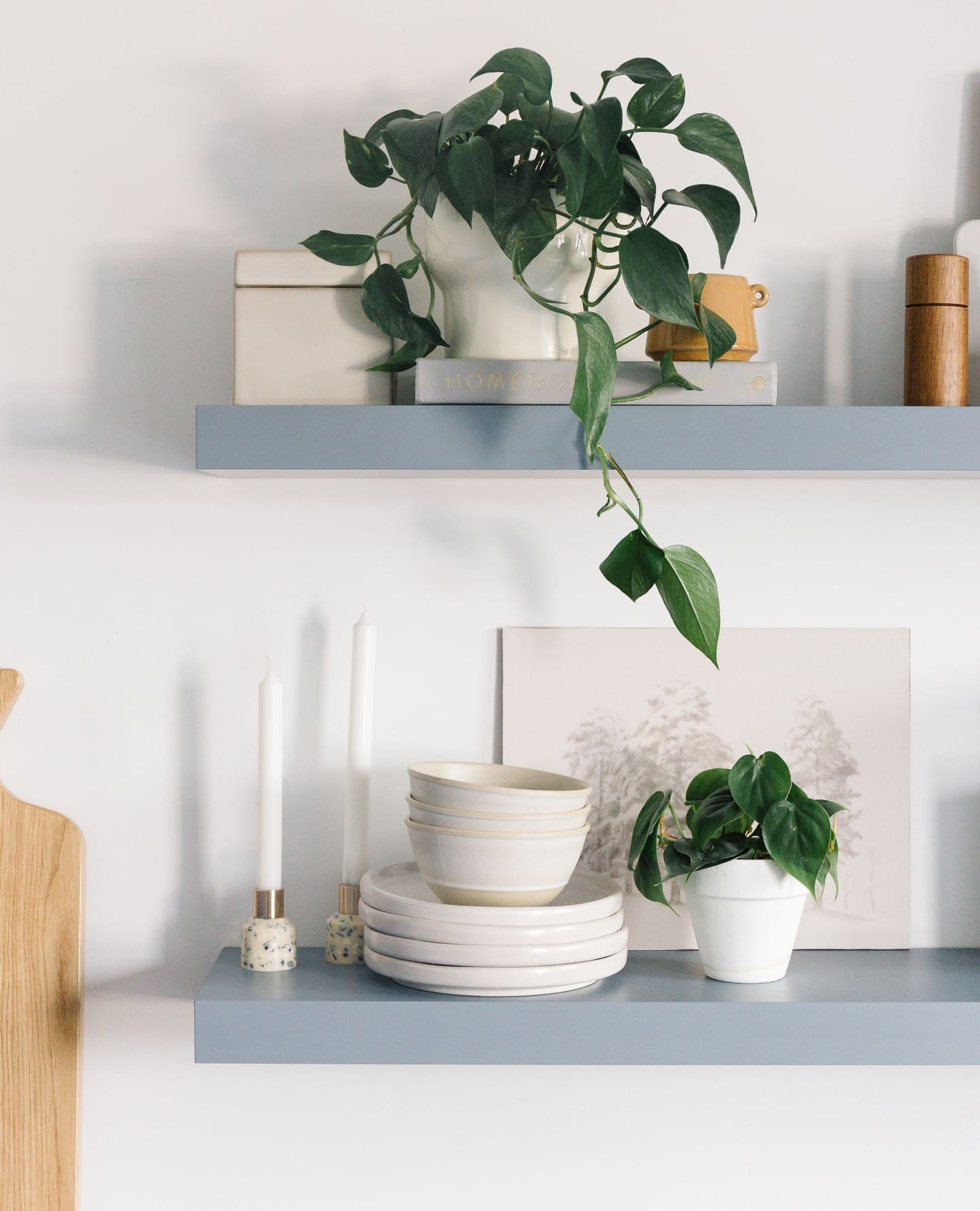 Mason jars on floating shelves