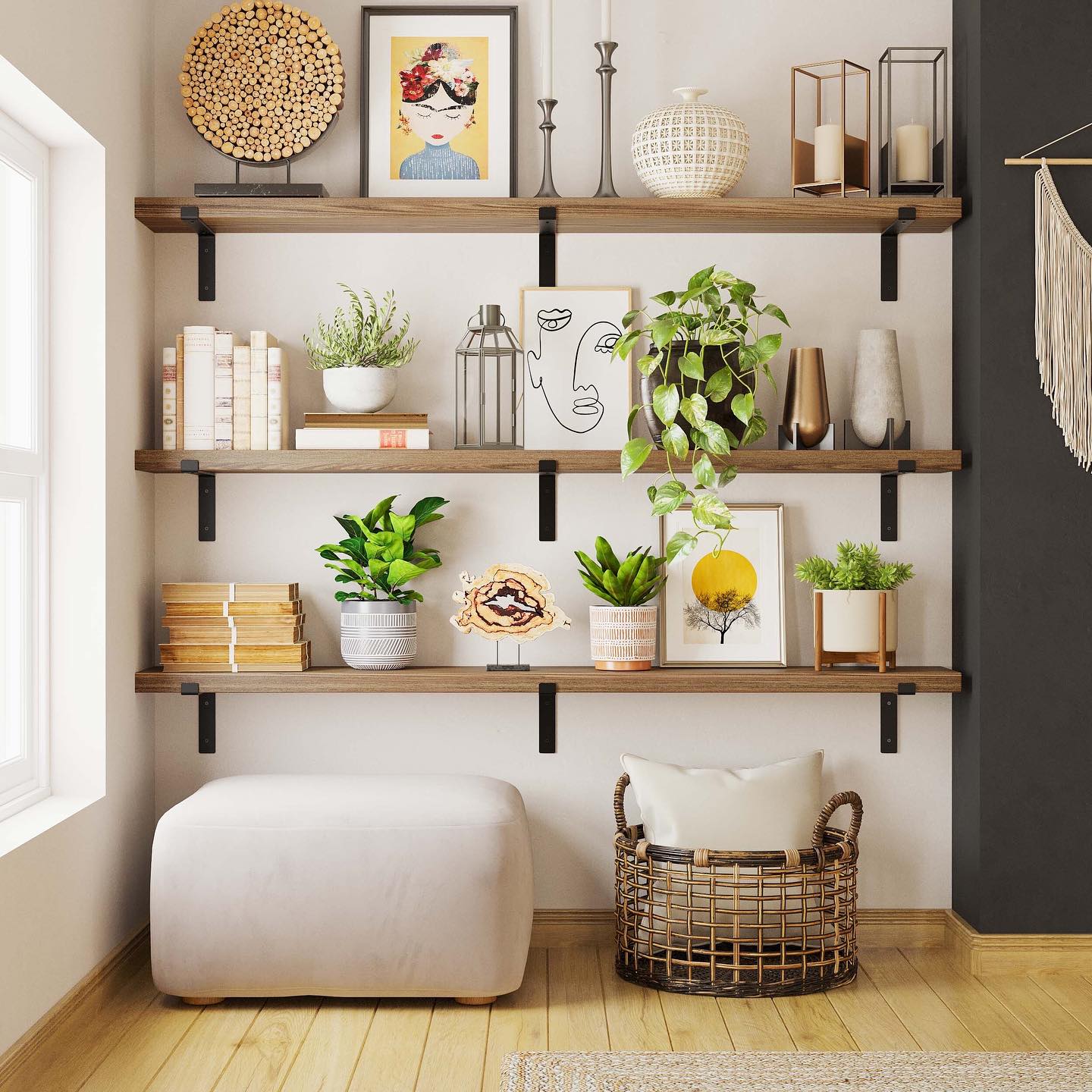 floating shelves with trailing ivy