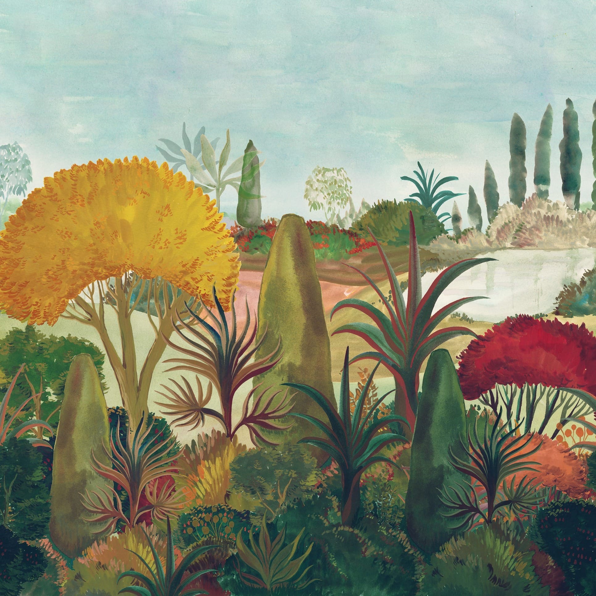 wall with tropical foliage mural