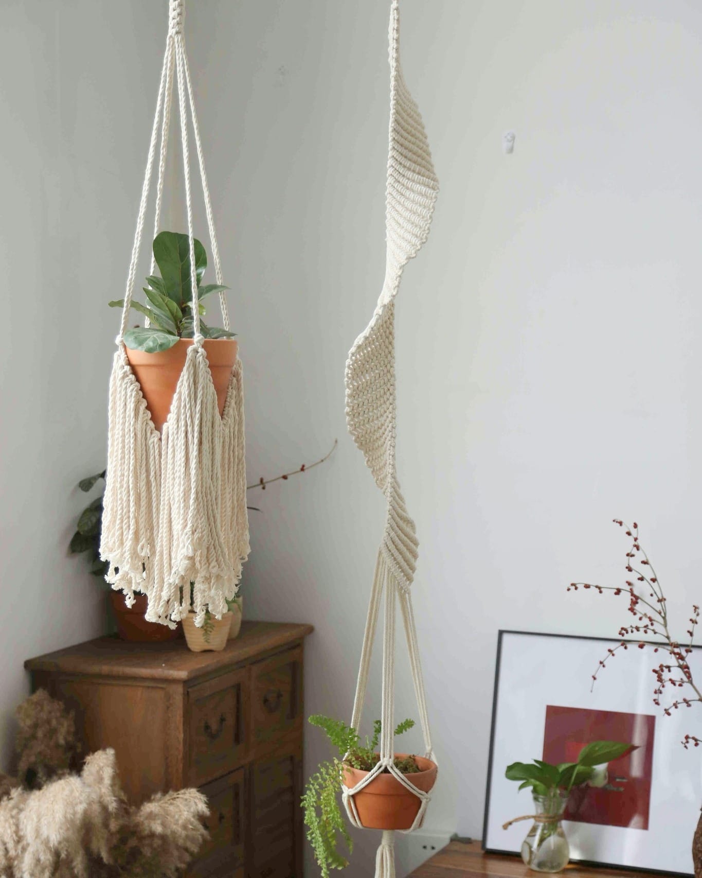 hutch with macramé plant hangers