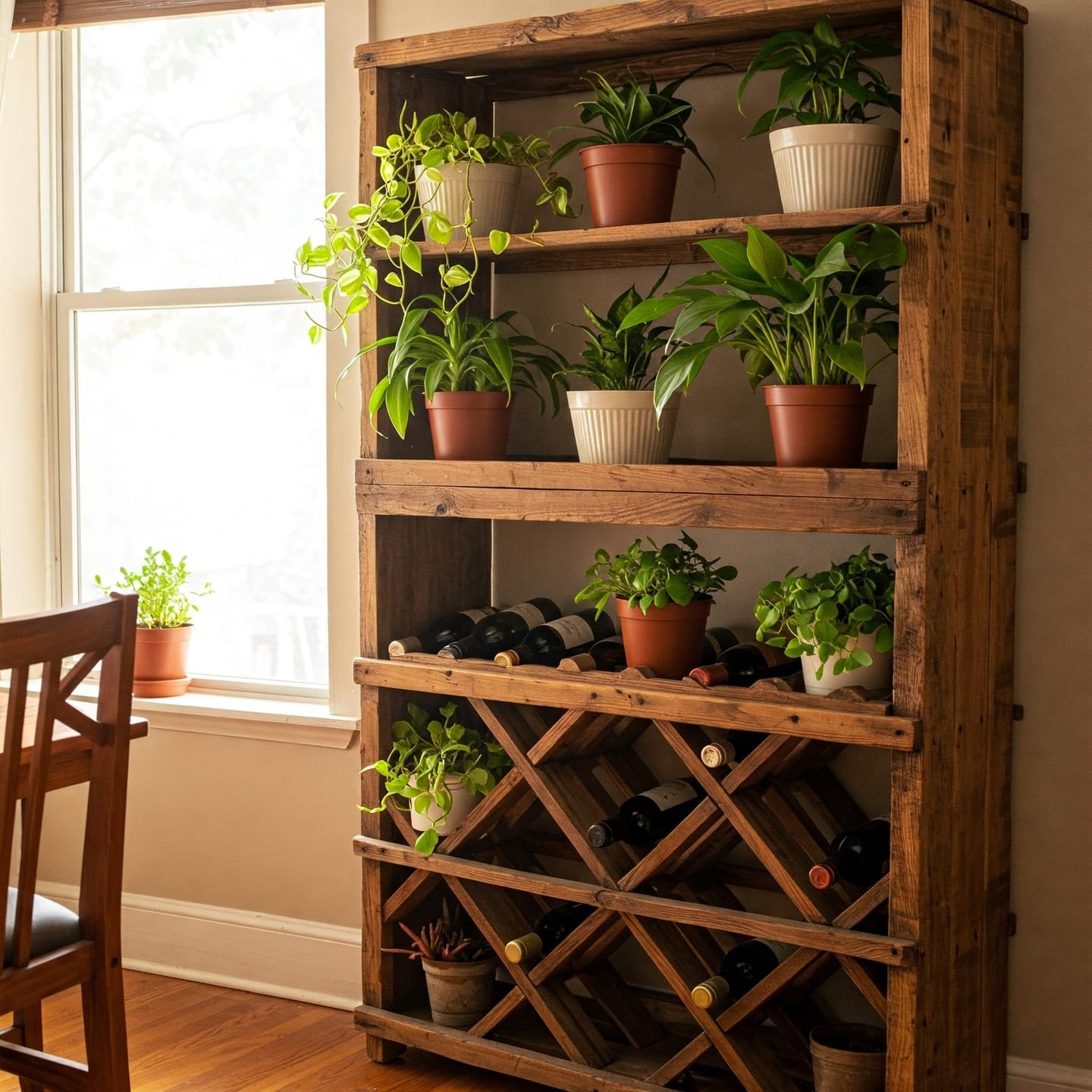 wine rack with small succulents