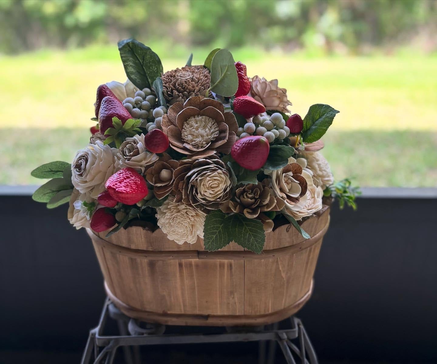 hollowed log with fresh flowers