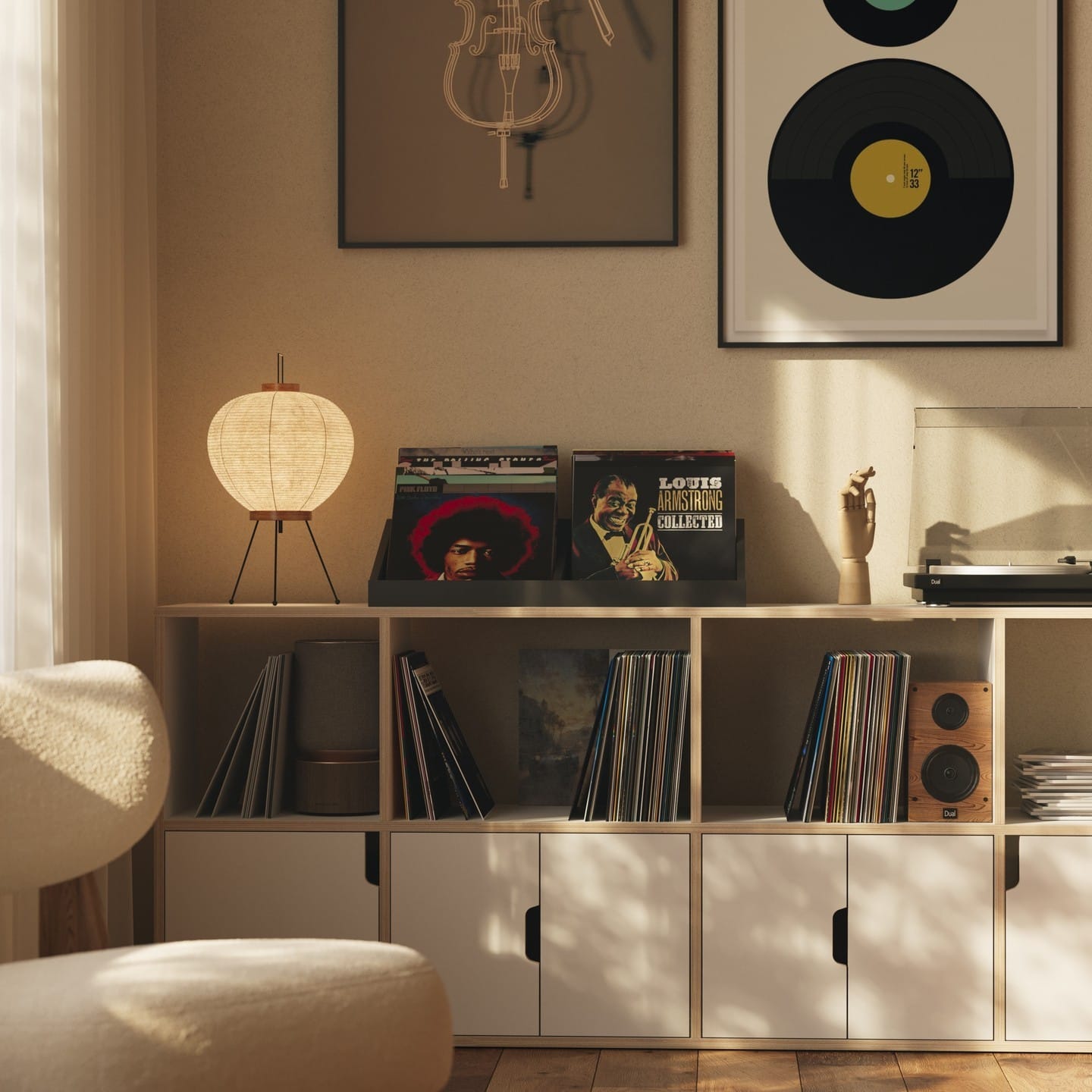 bookshelf with plants and records
