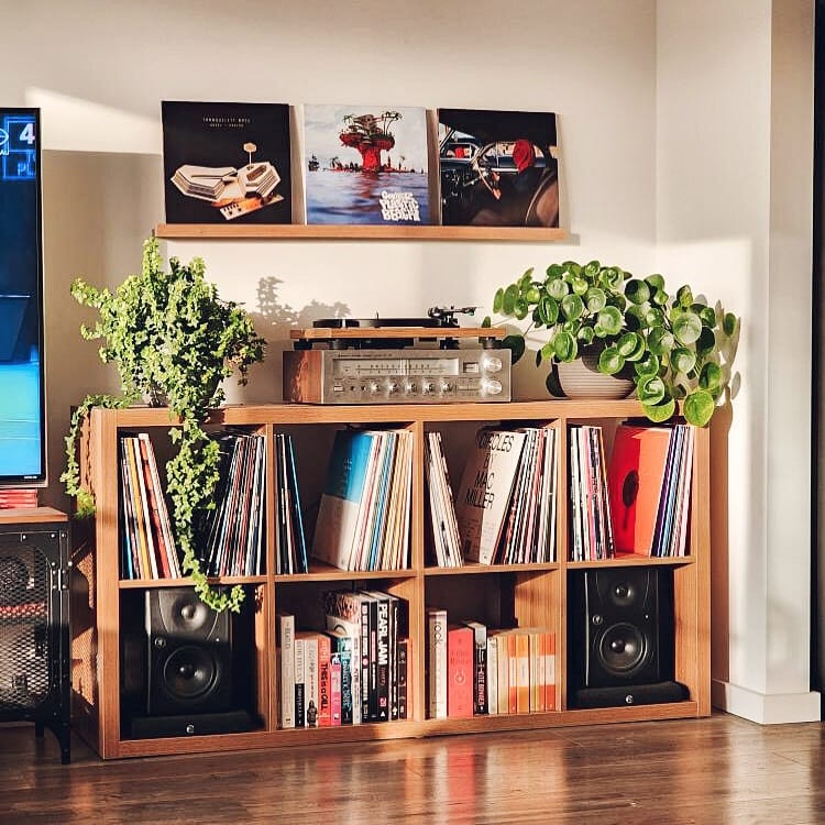 ladder shelf with plants and record player
