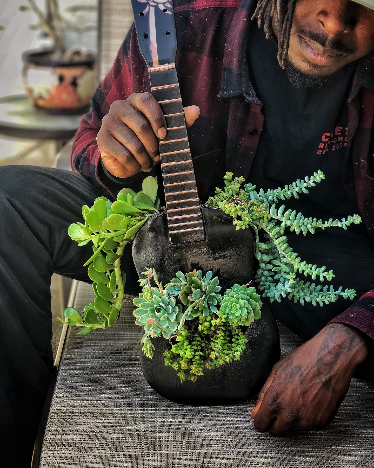 person planting succulents in guitar