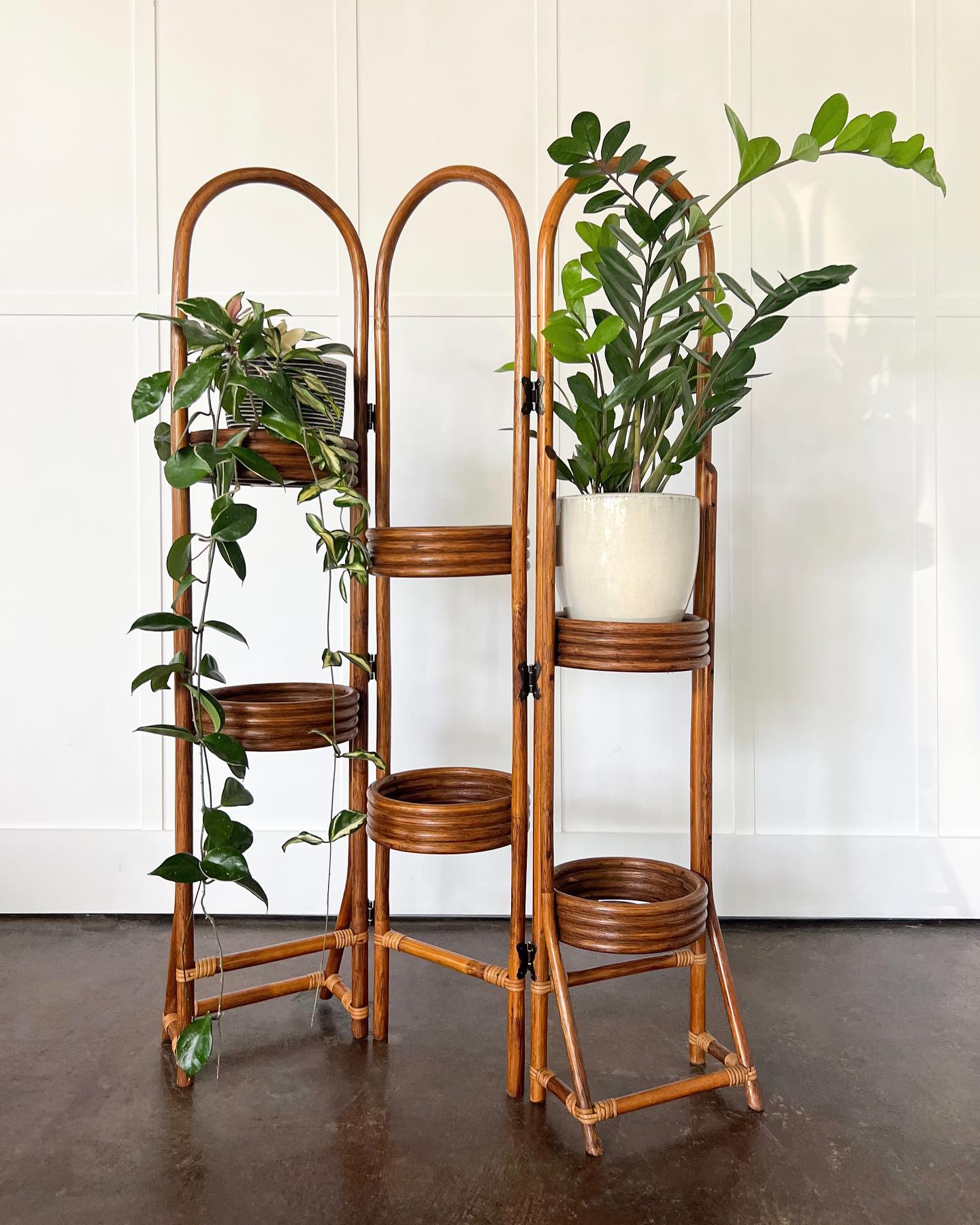 Tall rattan shelf with tiered plant arrangement