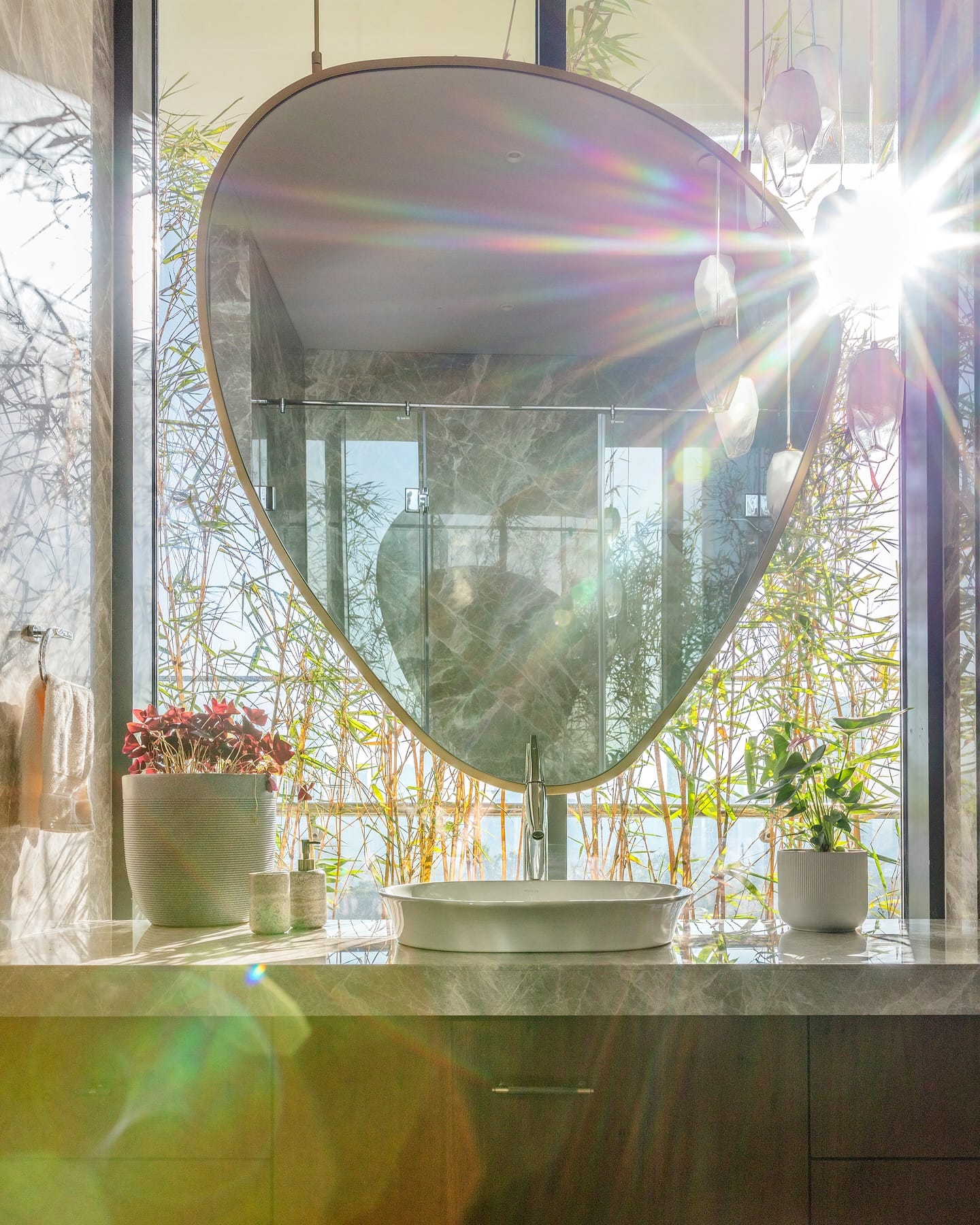 kitchen counter with mirror and herbs