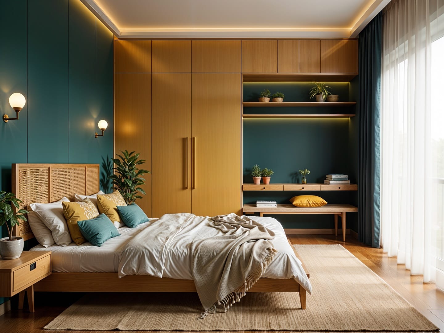 tranquil bedroom with subtle uplighting