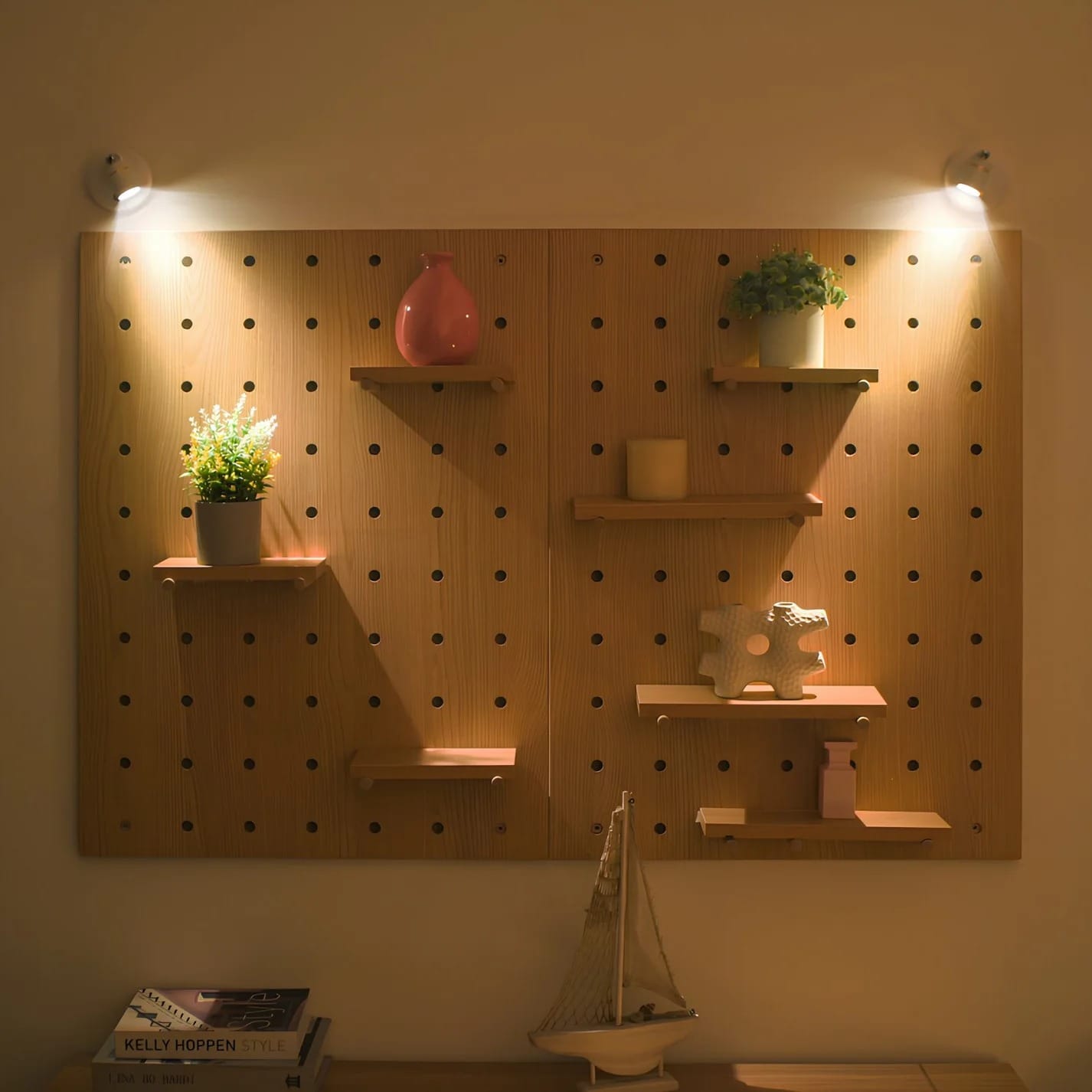 wall-mounted spotlight on succulent shelf