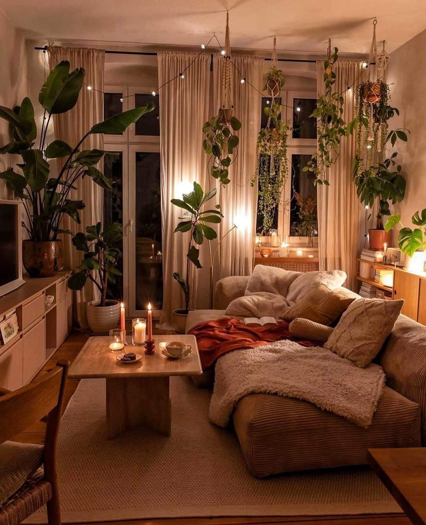 Reading nook with macramé plant hangers