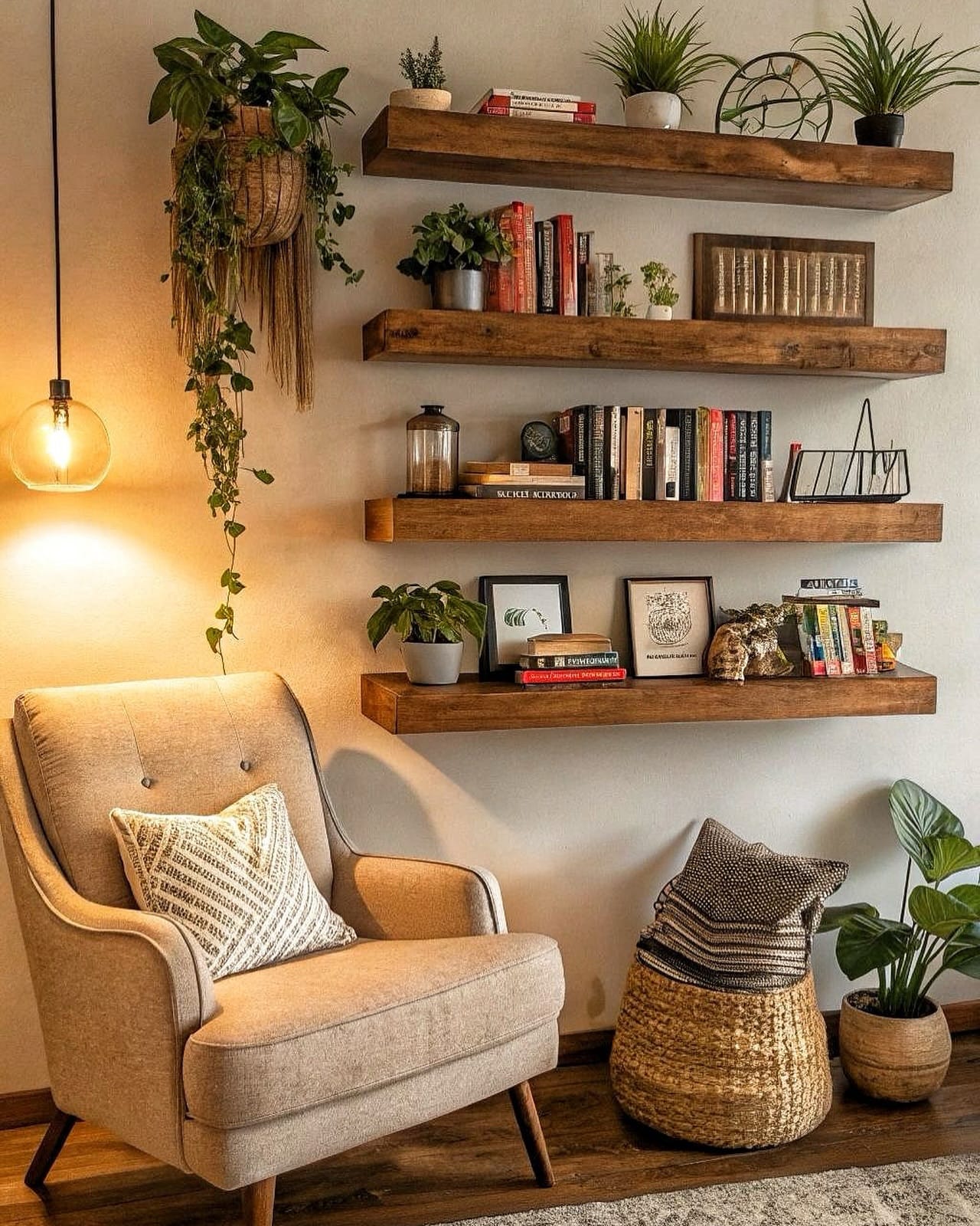 Floating corner shelves with small potted plants