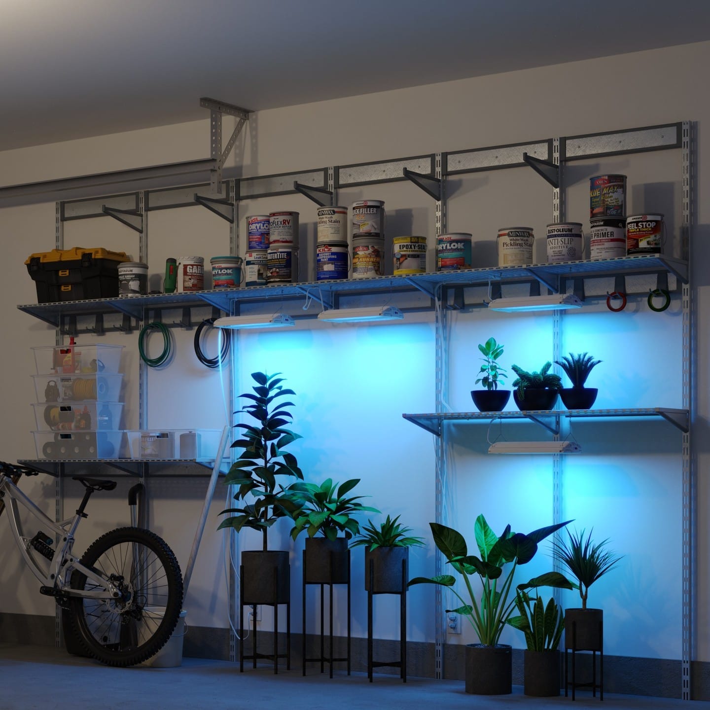 garage ceiling light with potted herbs