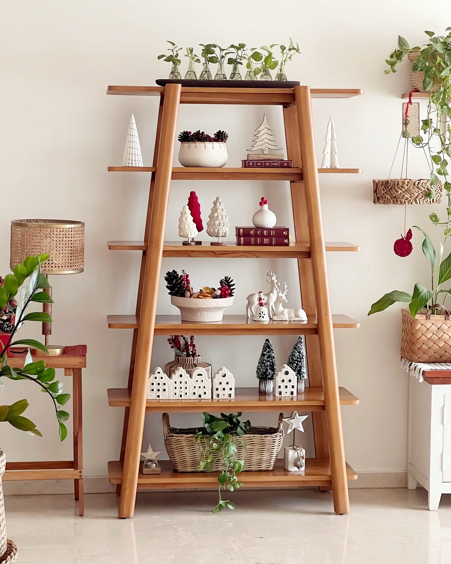 Rustic wooden vertical plant ladder display