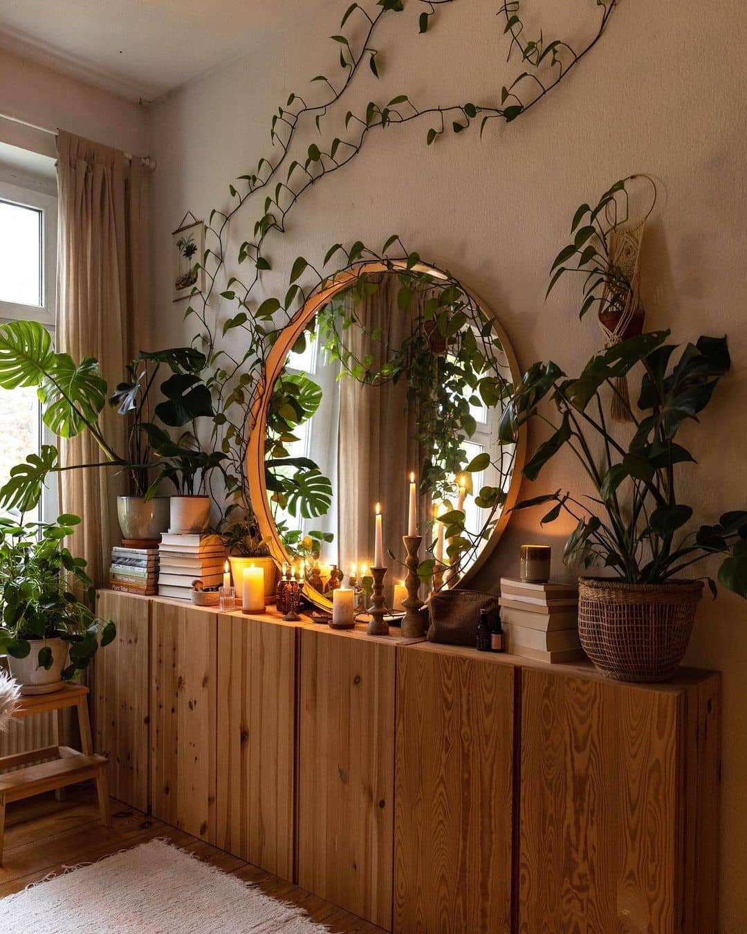 corner mirror with potted plant