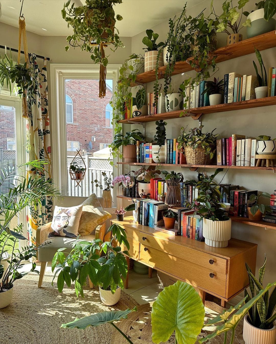 Bookshelf with clay pots and rustic decor
