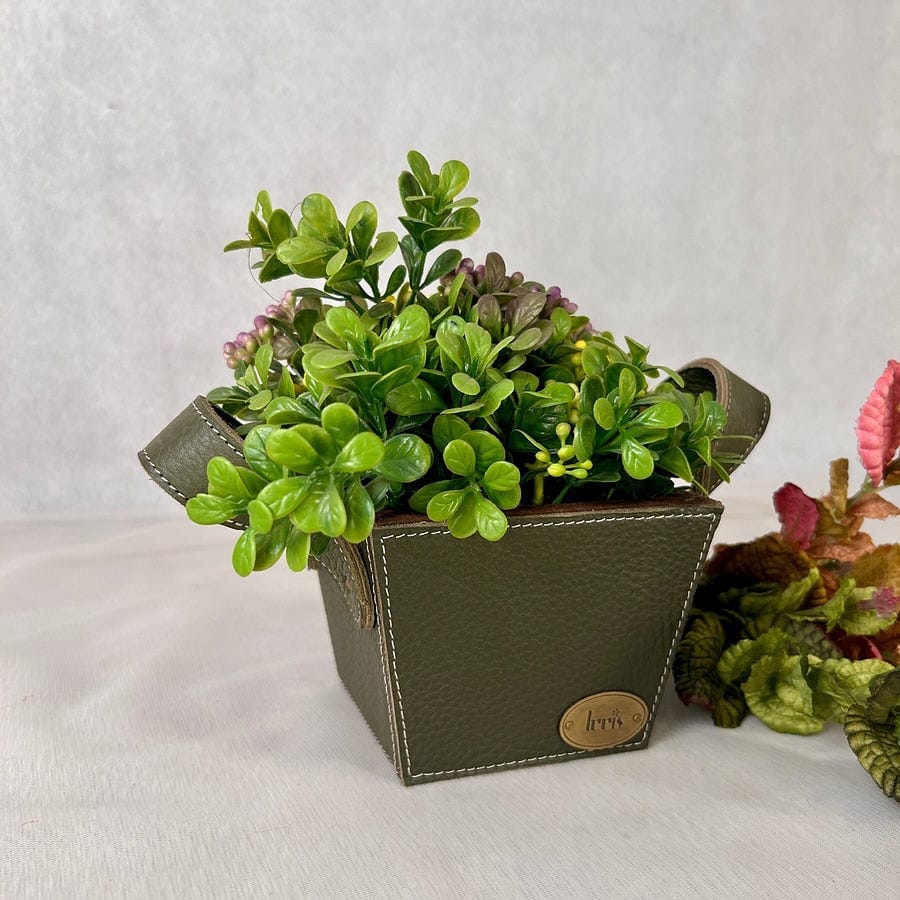 rustic leather plant sleeve in cabin setting