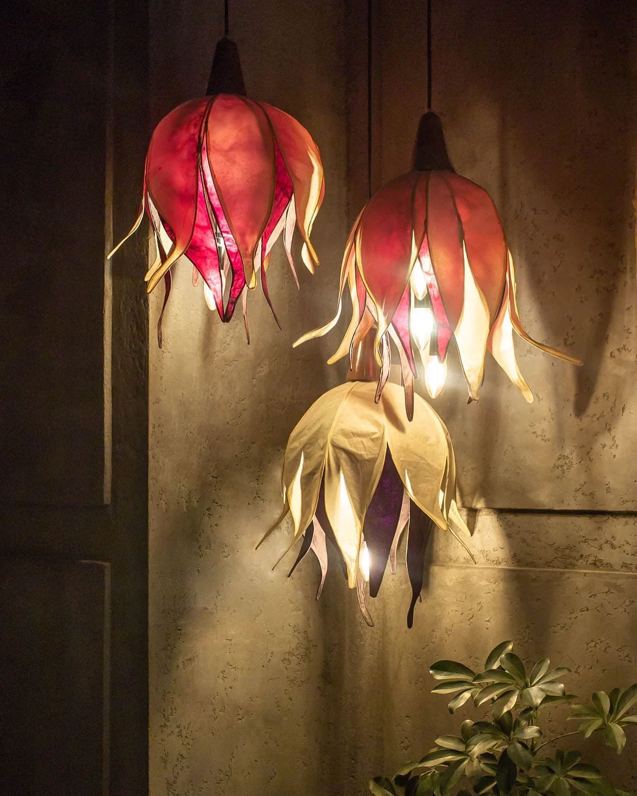 leafy lampshade glowing softly
