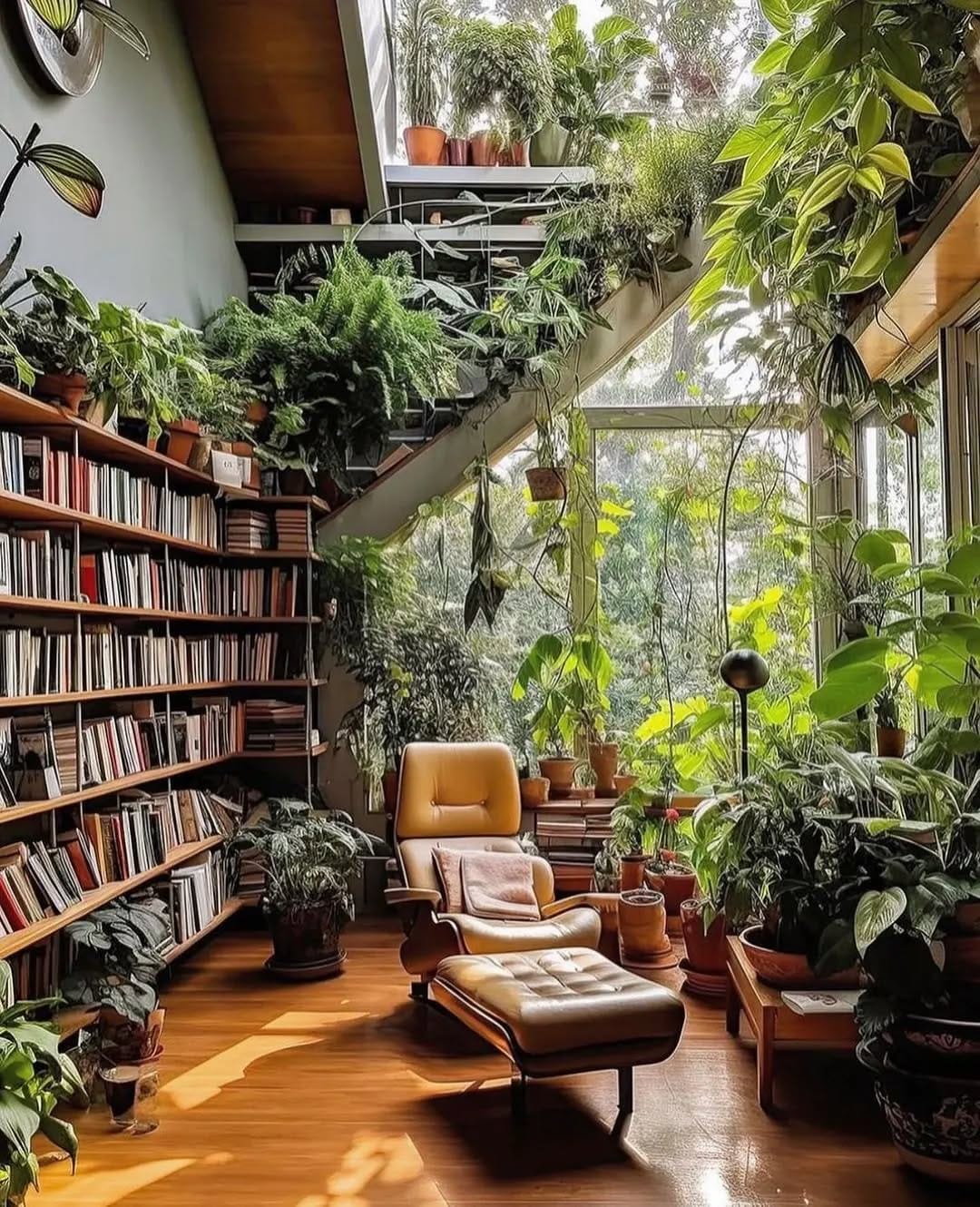 marble-look planter with monstera in reading nook