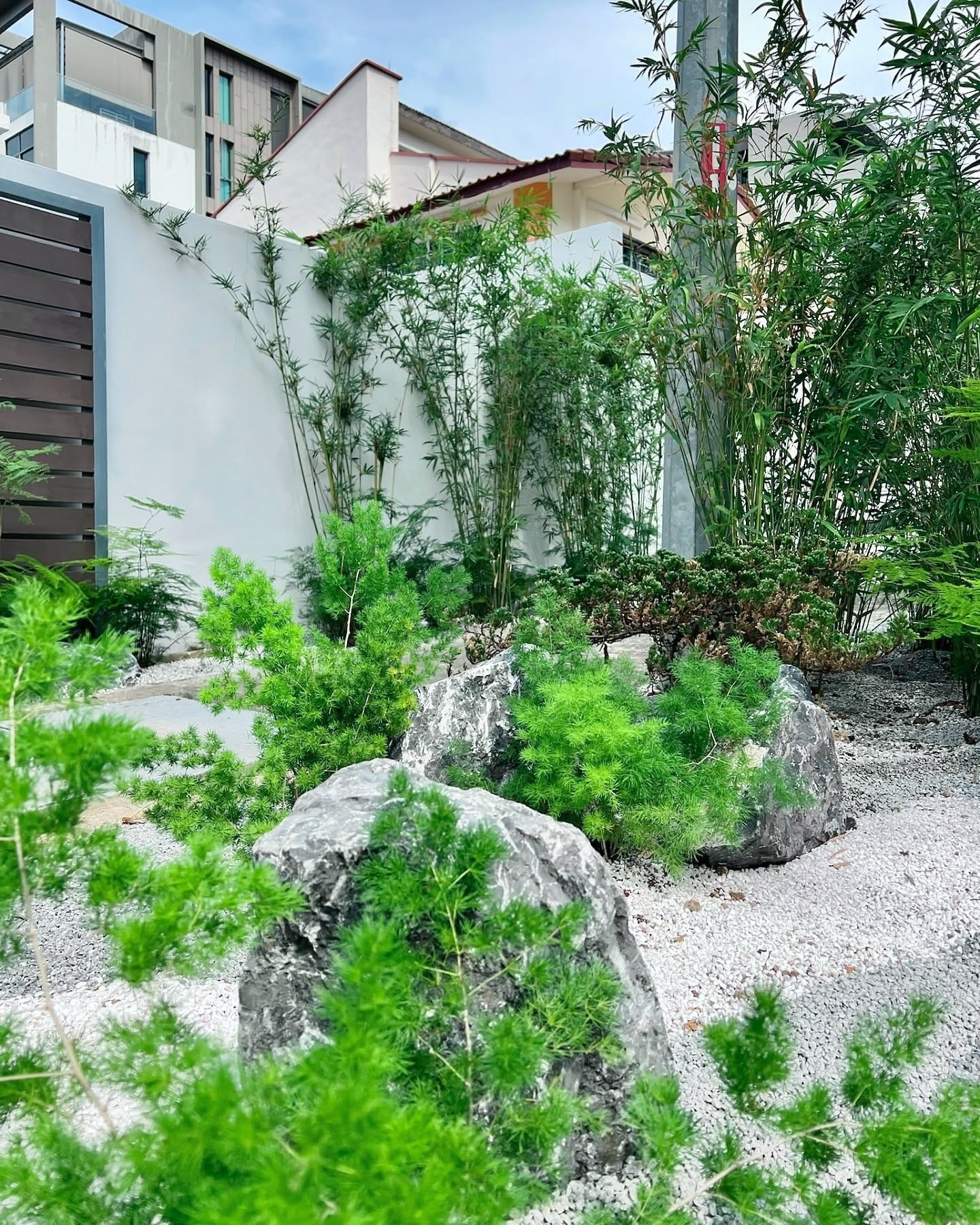 bamboo screens casting shadows in zen garden