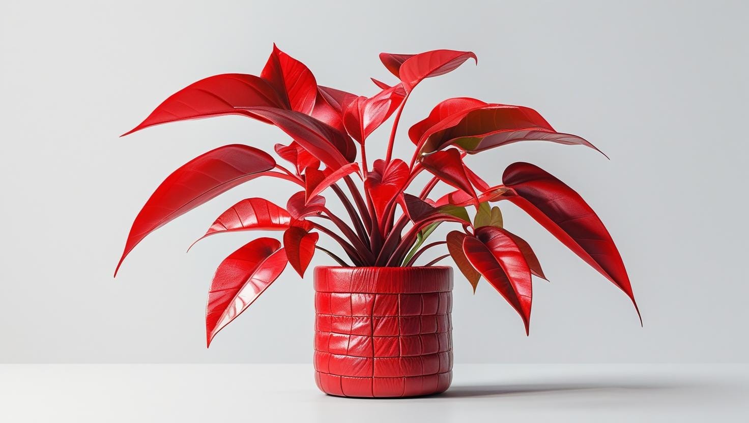 vibrant red leather plant sleeve on wooden table