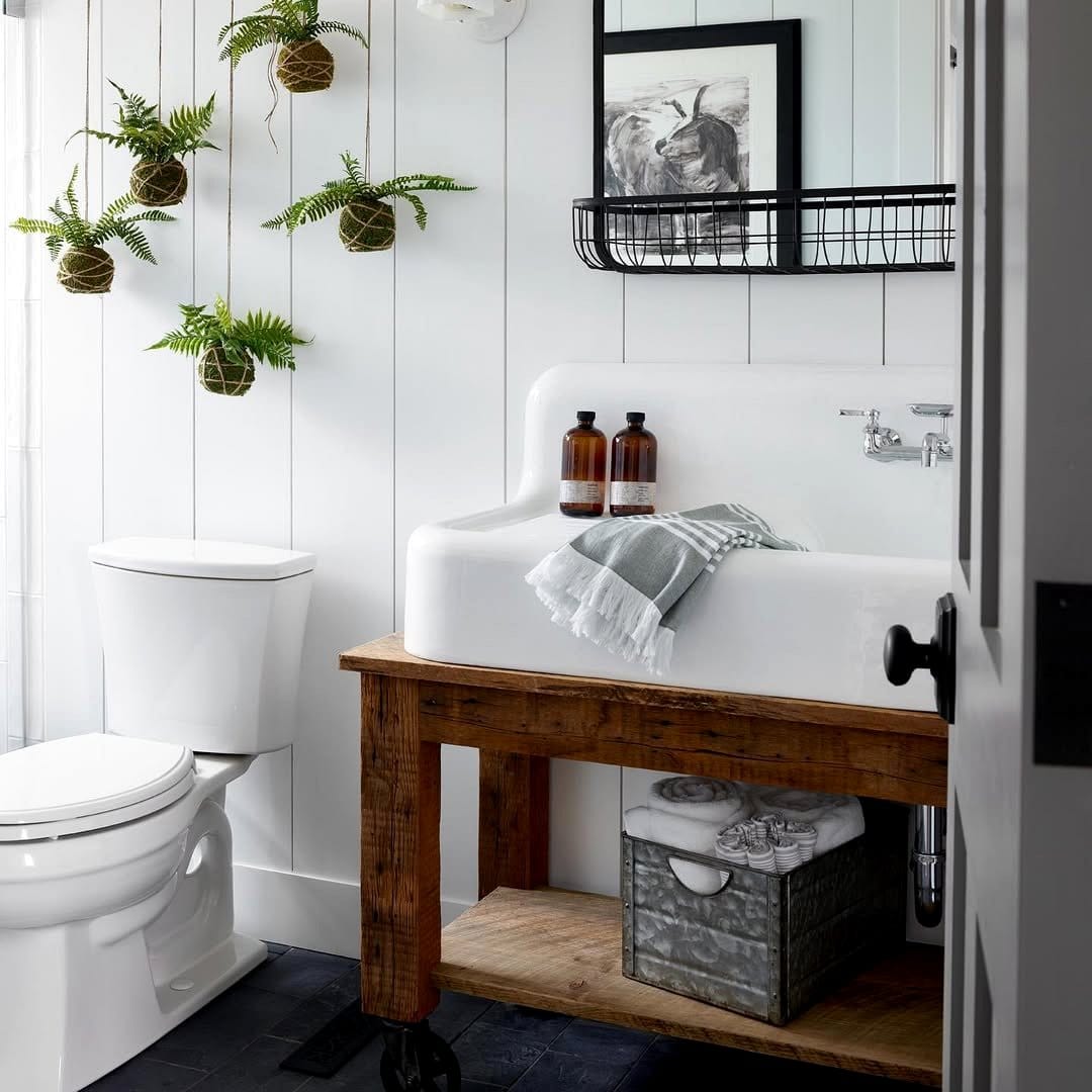 bathroom with reclaimed wood plant mounts