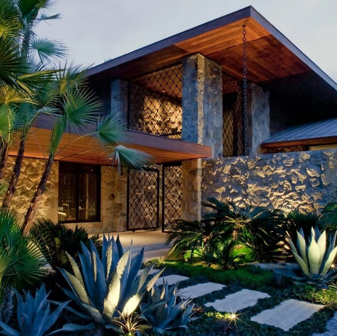 zen garden with plants and record player