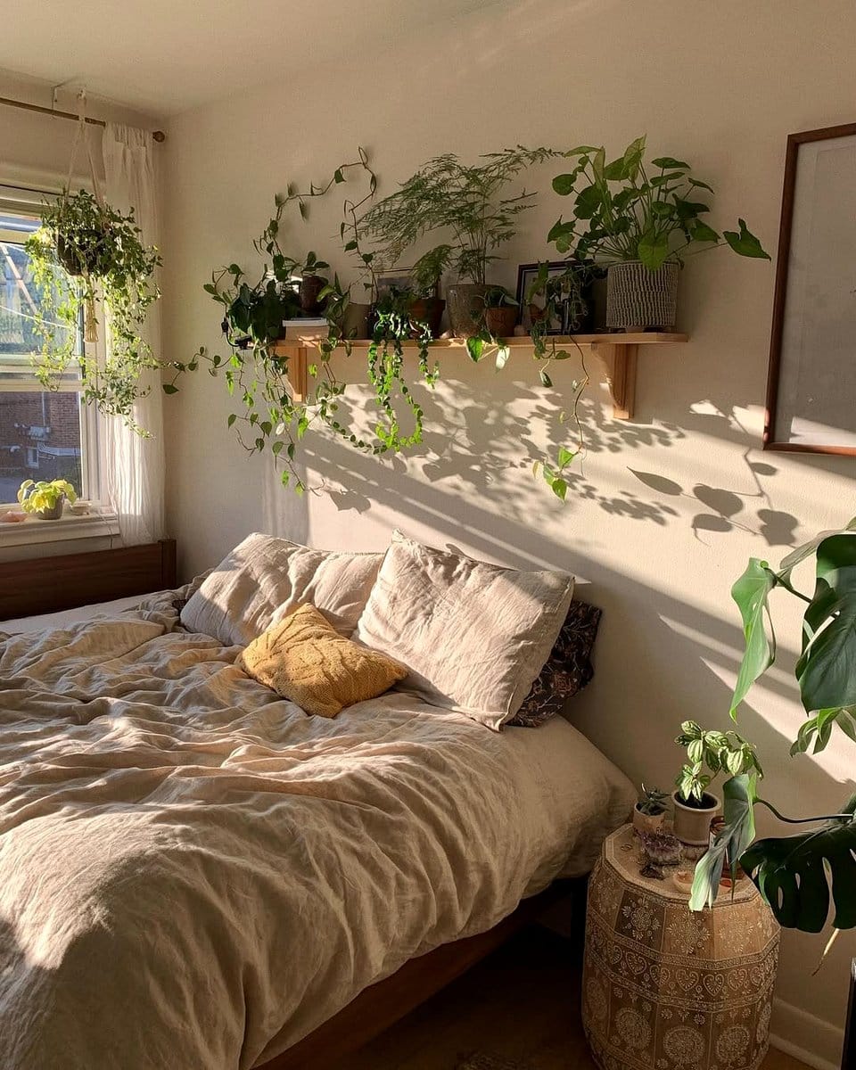 plant shelves in bedroom