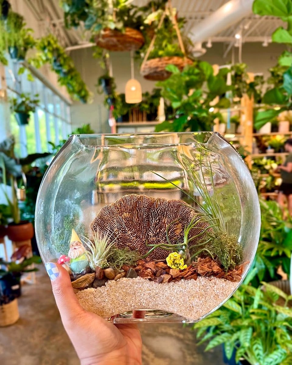miniature woodland animals in terrarium