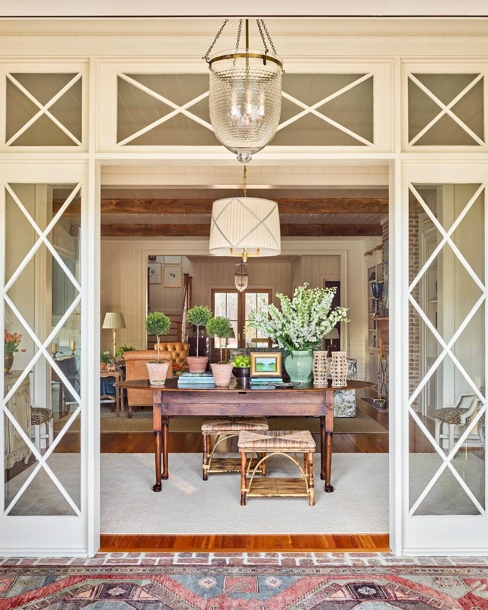 seasonal plant chandelier in entryway