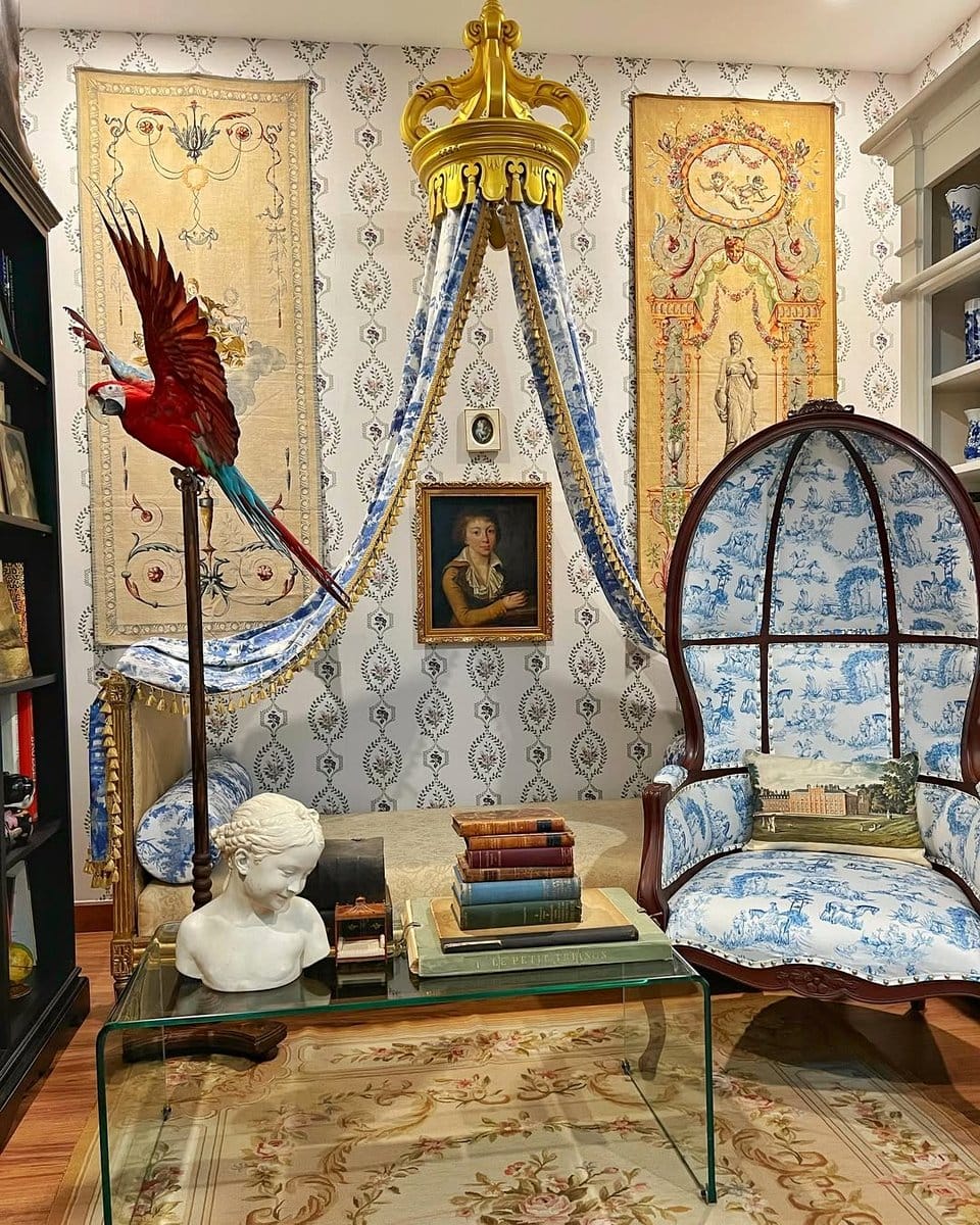 botanical tapestry in reading nook