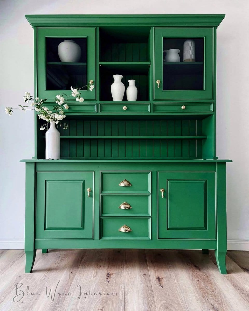 hutch with vibrant painted interior