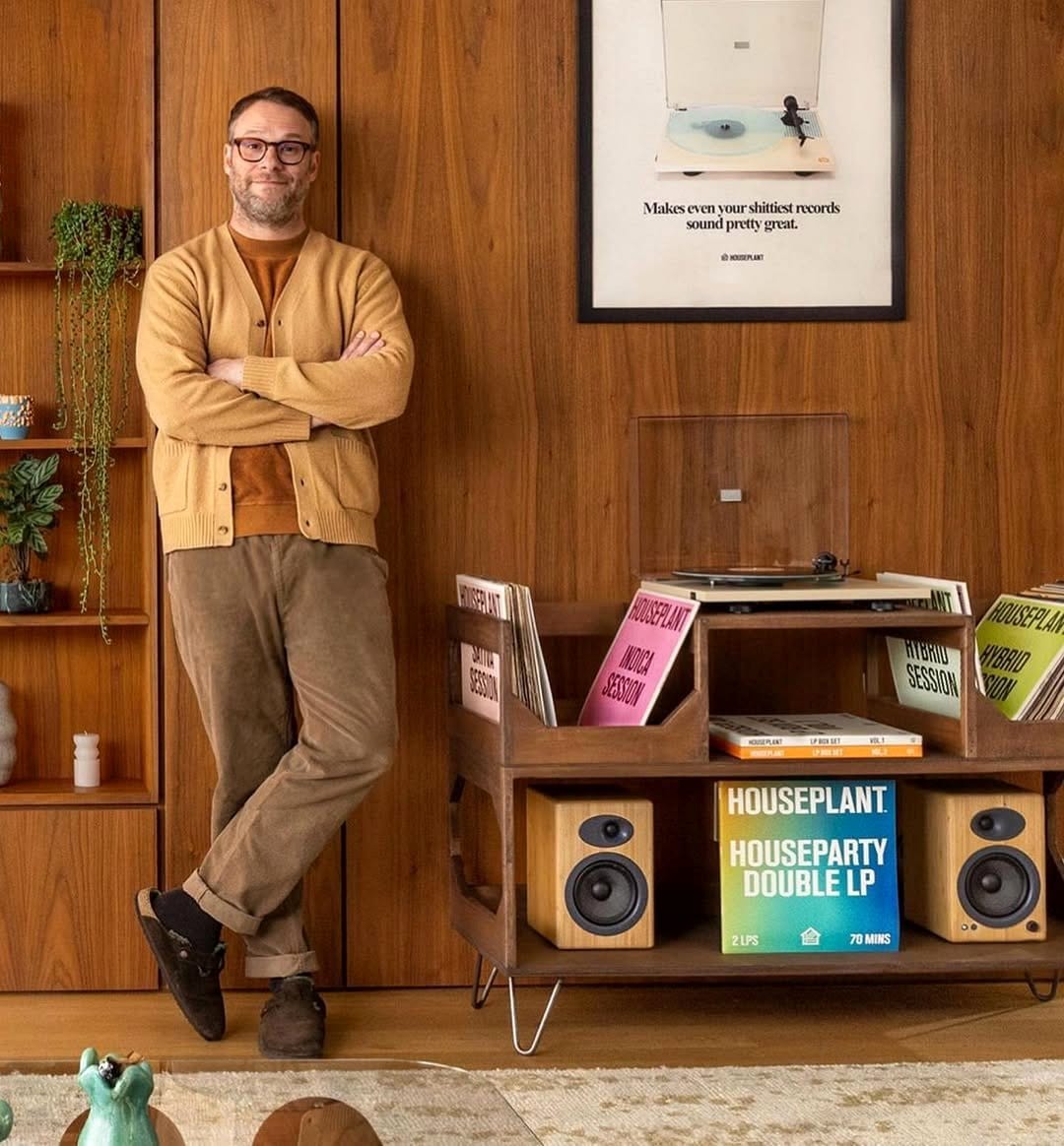 driftwood with plants and record player
