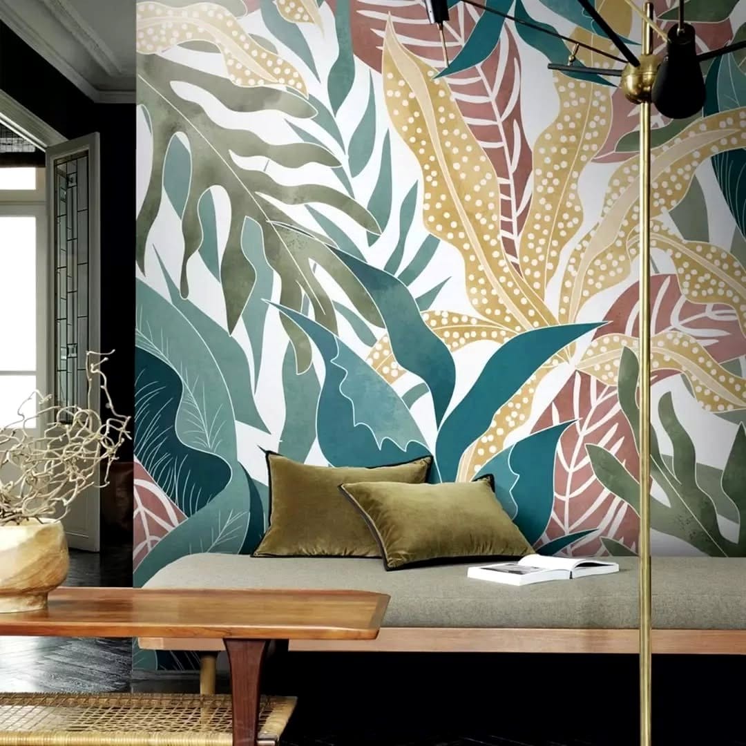 wall with vibrant leaf print wallpaper