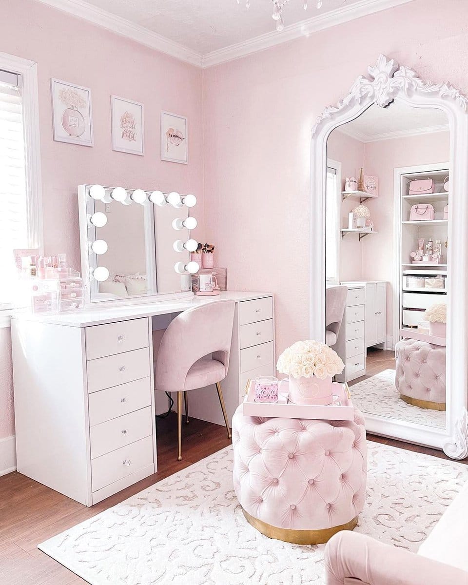 pink makeup organizers on vanity