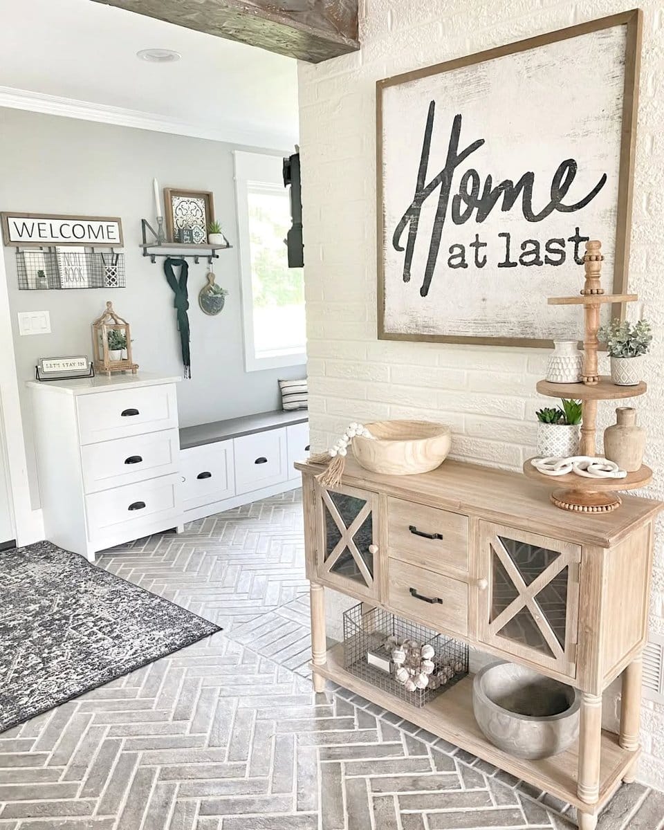 hollowed log used as storage in entryway