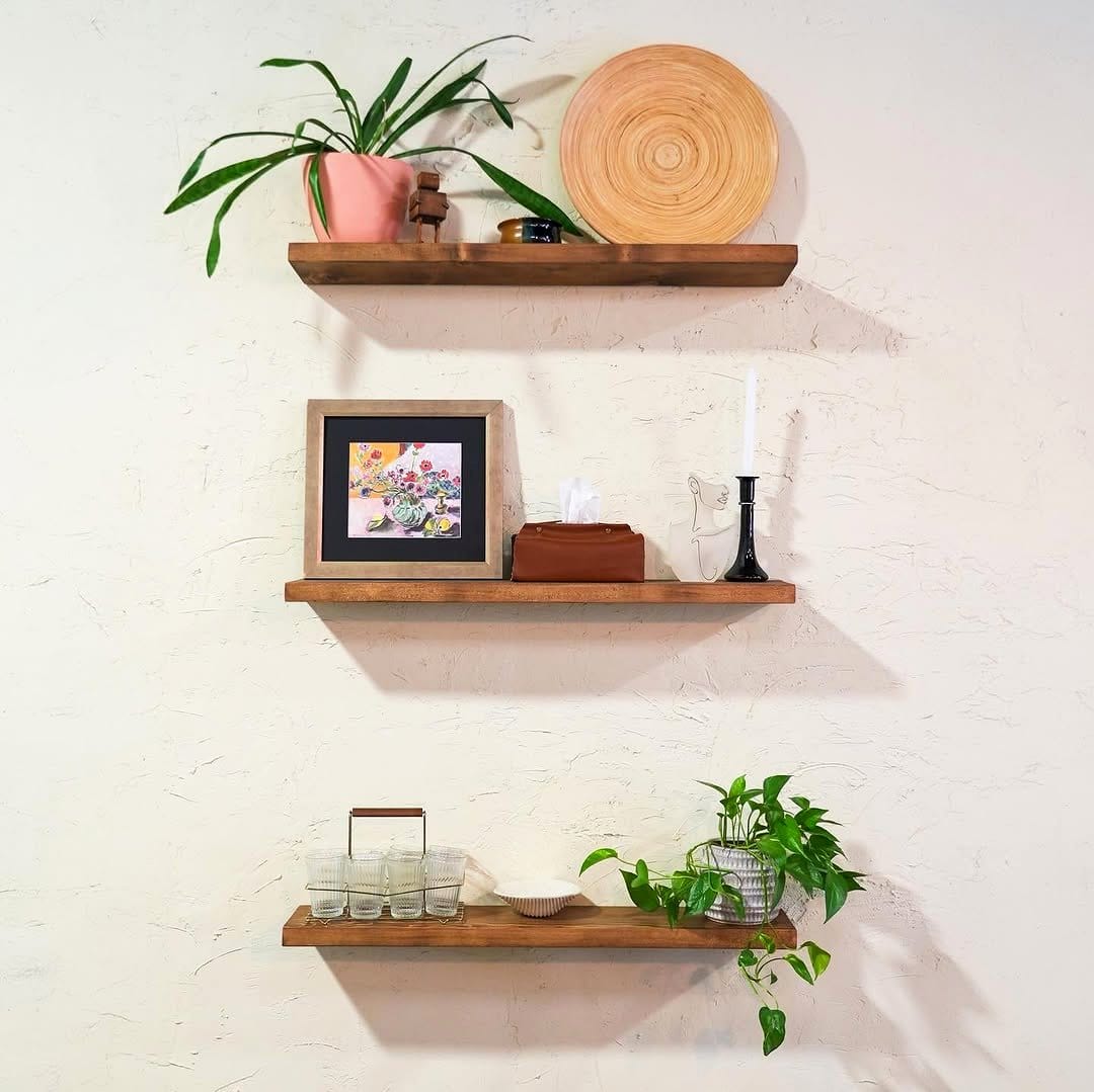 Floating wooden shelf with plants