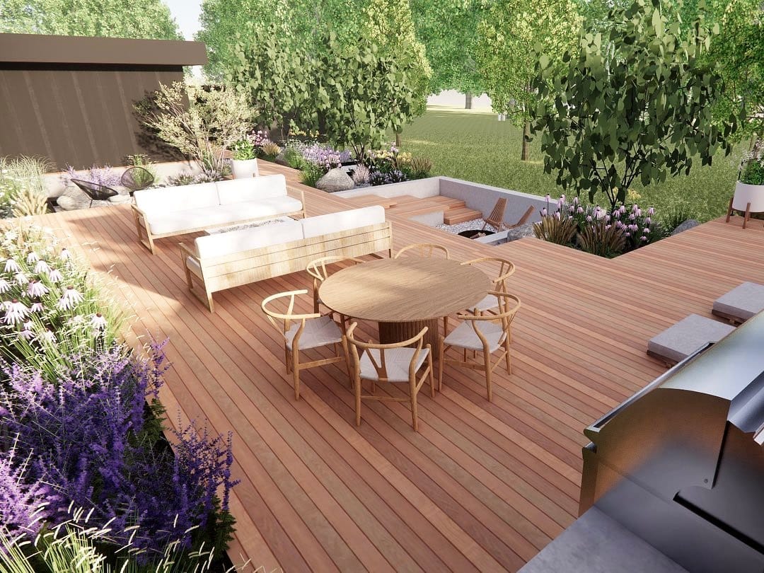 outdoor patio with reclaimed wood plant mounts