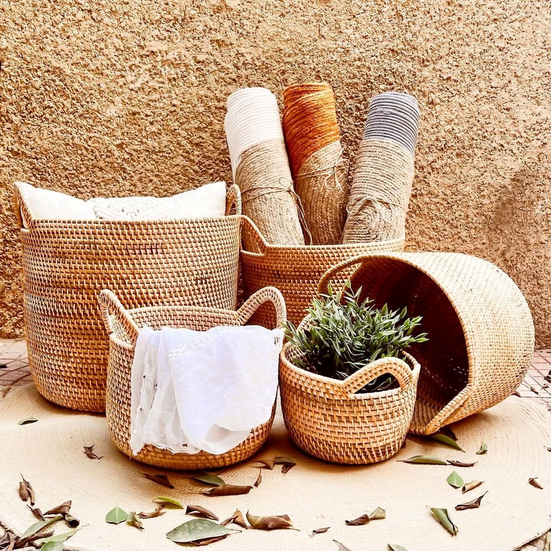 bamboo baskets on a wooden table