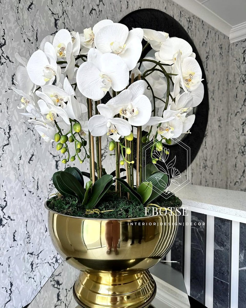 white and gold pot with orchid