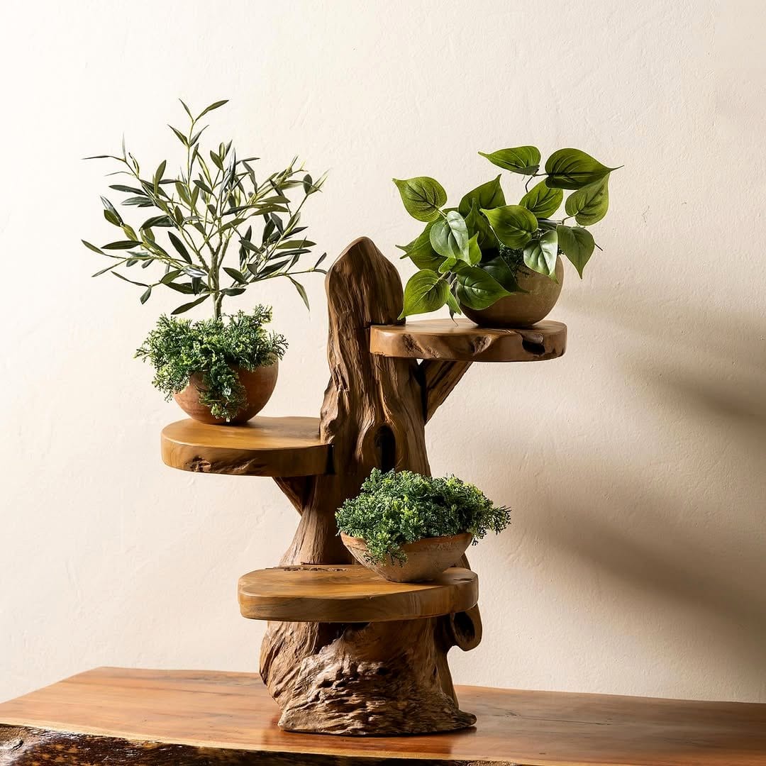 Reclaimed wood stand with potted plant