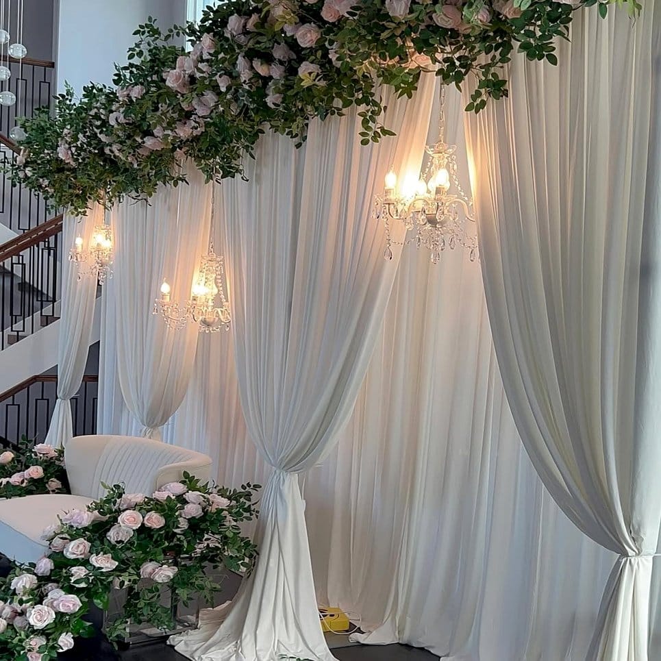 Beaded curtain backdrop with plants