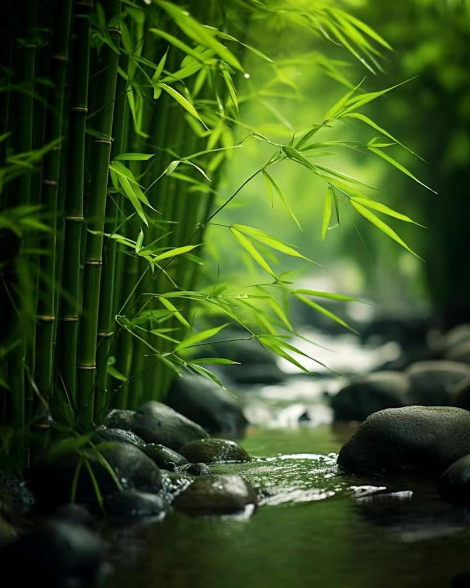 bamboo leaf shadows on a tranquil pond