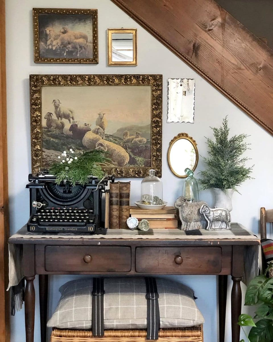 typewriter with ferns in entryway