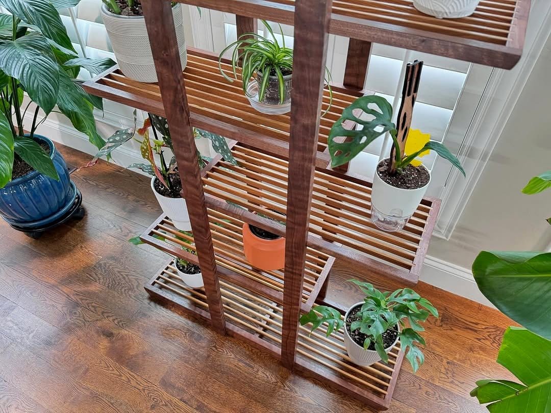 tiered plant stand with various plants