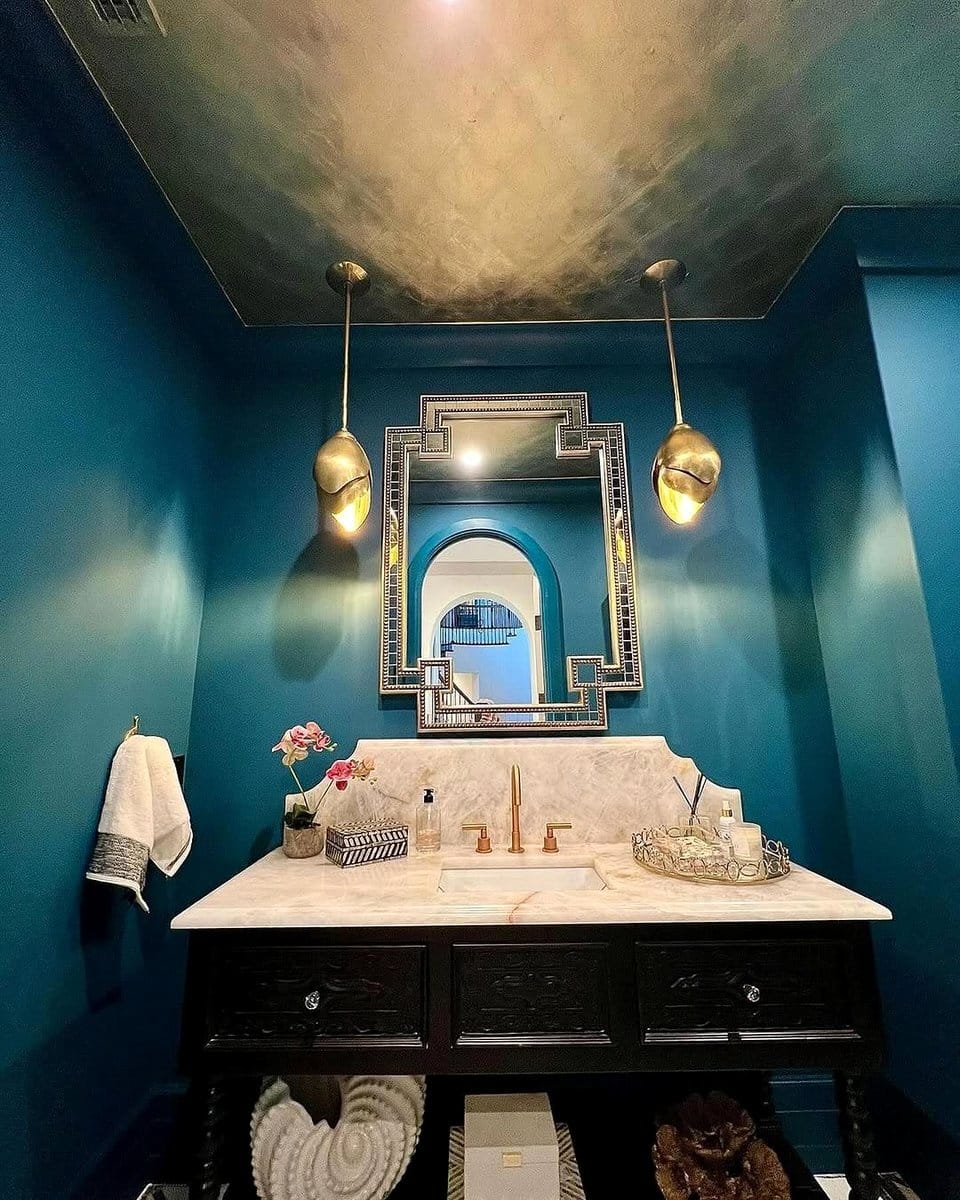 powder room with green painted ceiling