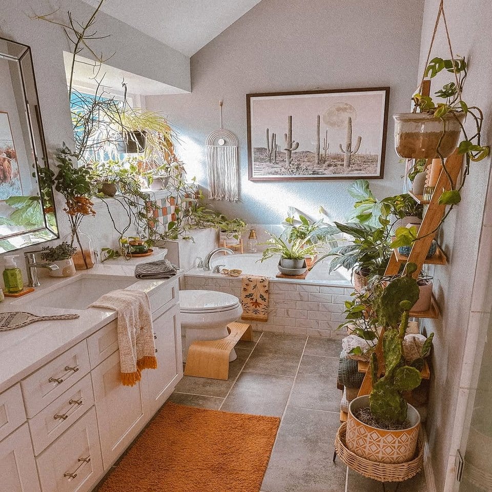 Tropical plants on bathroom shelves