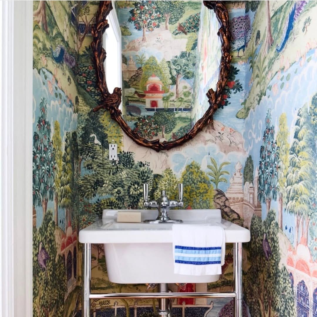 small powder room with plant wallpaper